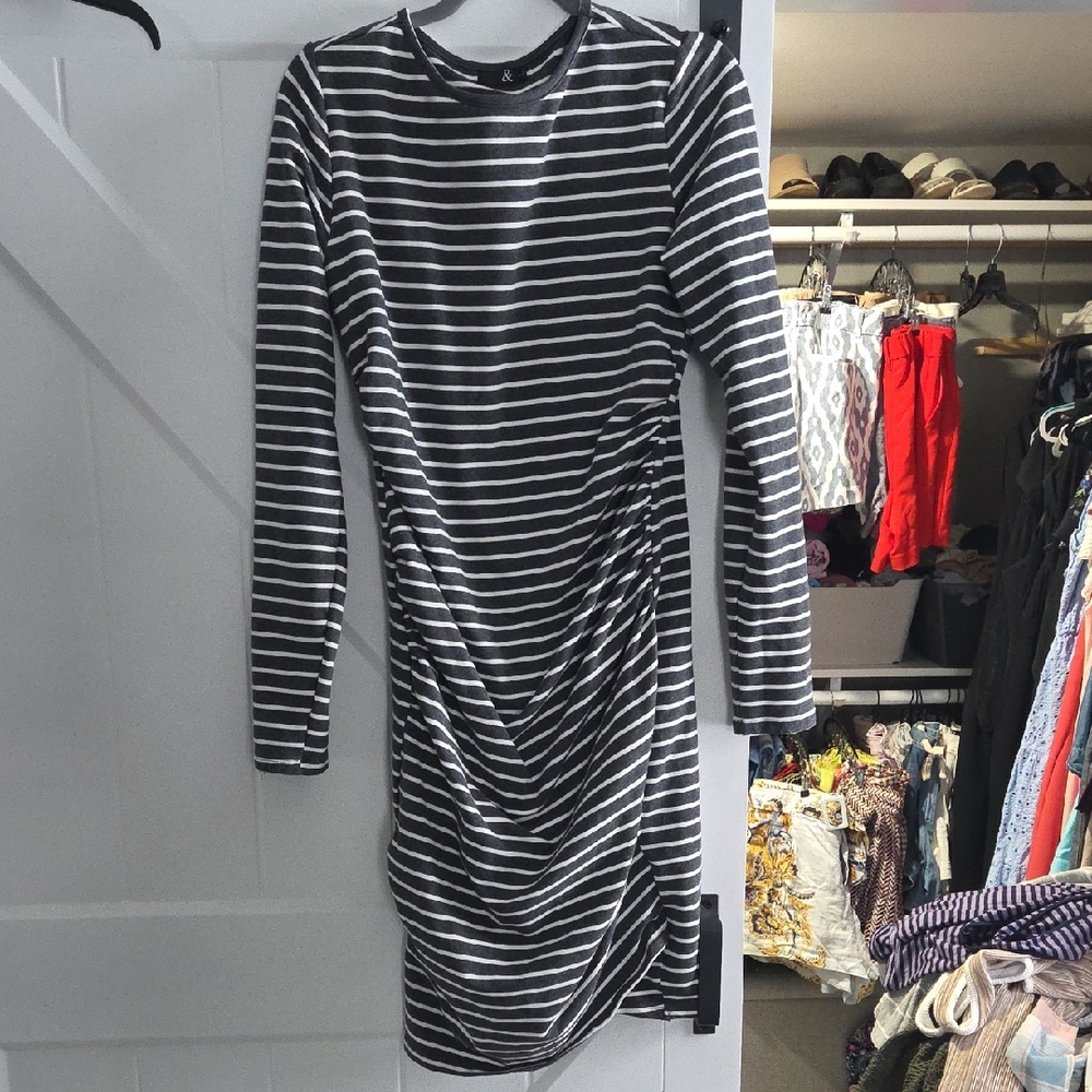 Long Sleeve Dark Heather Gray And White MATERNITY Dress